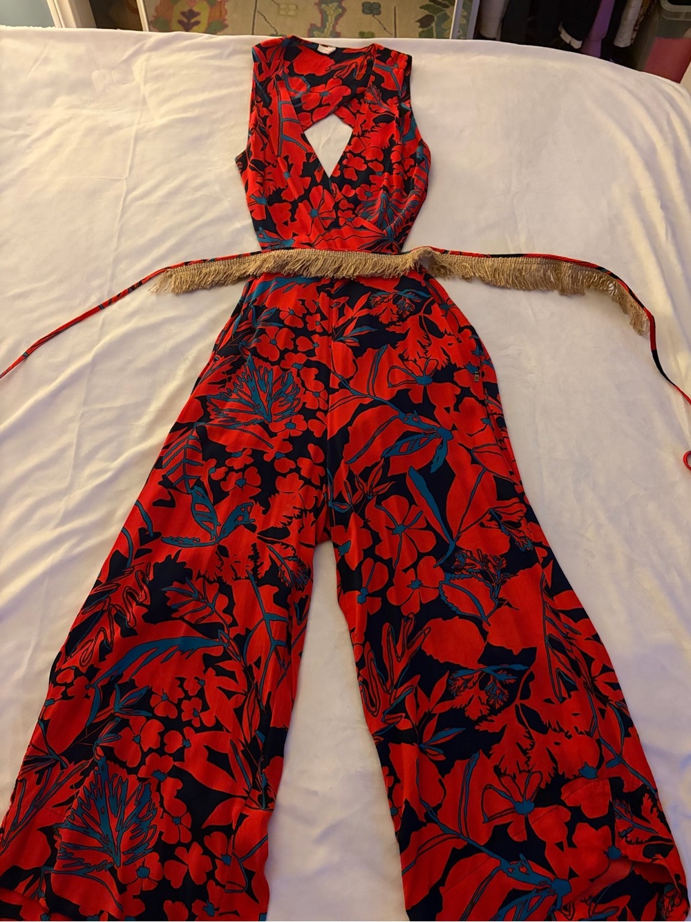 Red Floral V-Neck Jumpsuit with Fringe Belt